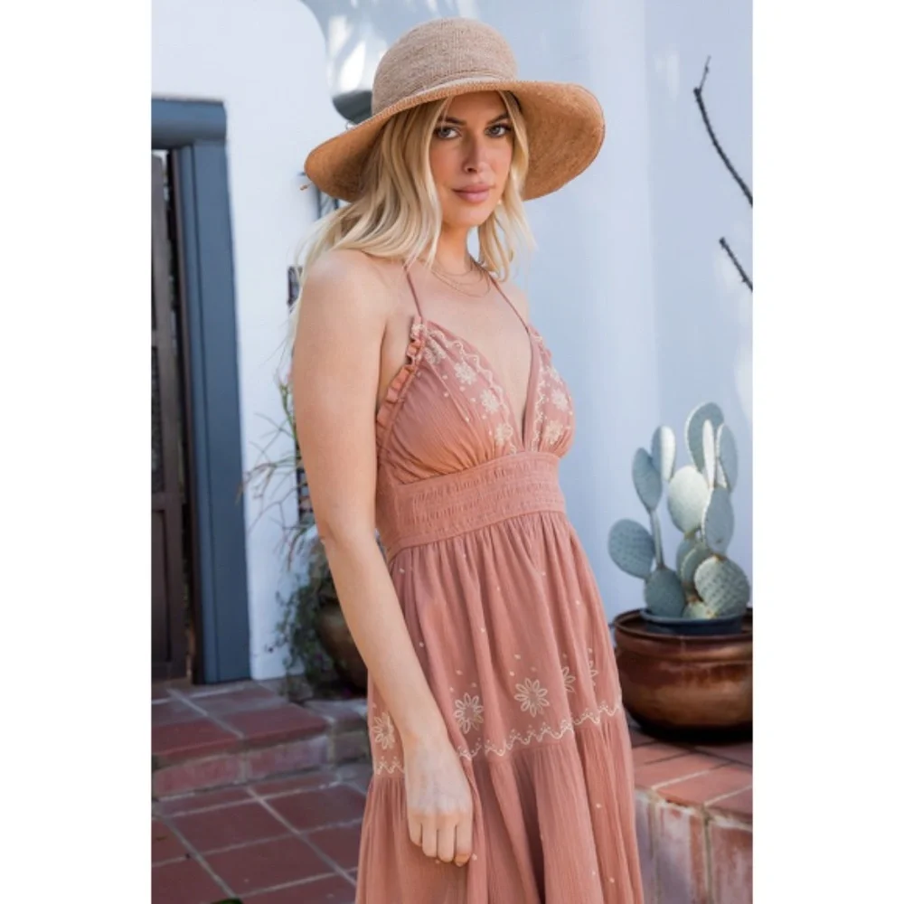 Sandstone Embroidered Floral Smocked Waist Gauze Summer Casual Halter Dress - Picture 3 of 7